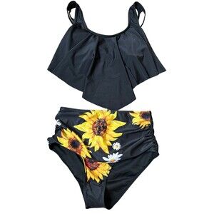 2 piece bikini high waisted bottom ruffle top sunflower bottom SZ M modest swim